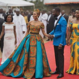 Generate an animated sequence that showcases Amina in a beautifully designed gown made from vibrant African fabrics, attracting Prince Kofi's attention during the grand festival.