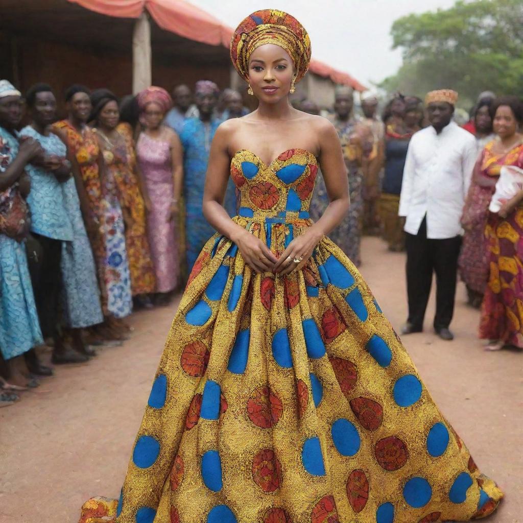 Generate an animated sequence that showcases Amina in a beautifully designed gown made from vibrant African fabrics, attracting Prince Kofi's attention during the grand festival.