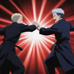 An intense duel scene where Sukuna, the King of Curses, is depicted overpowering Gojo Satoru, from the anime Jujutsu Kaisen.