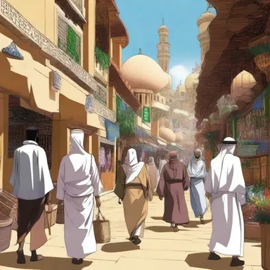 In the anime series set in an Arabian-inspired world, the main characters meet at the bustling souk.