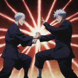 An intense duel scene where Sukuna, the King of Curses, is depicted overpowering Gojo Satoru, from the anime Jujutsu Kaisen.