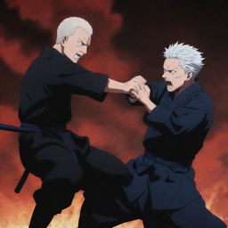 An intense duel scene where Sukuna, the King of Curses, is depicted overpowering Gojo Satoru, from the anime Jujutsu Kaisen.