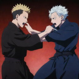 An intense duel scene where Sukuna, the King of Curses, is depicted overpowering Gojo Satoru, from the anime Jujutsu Kaisen.