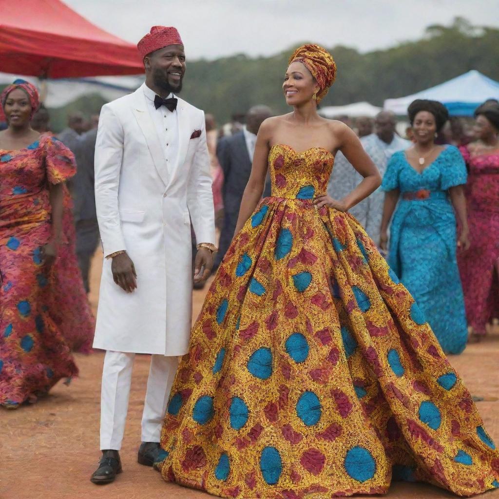 Create an AI-animated image sequence, showing Amina in a gown crafted from vibrant African fabrics catching the eye of Prince Kofi during a grand festival.