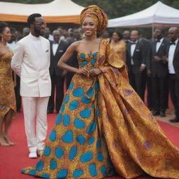 Create an AI-animated image sequence, showing Amina in a gown crafted from vibrant African fabrics catching the eye of Prince Kofi during a grand festival.