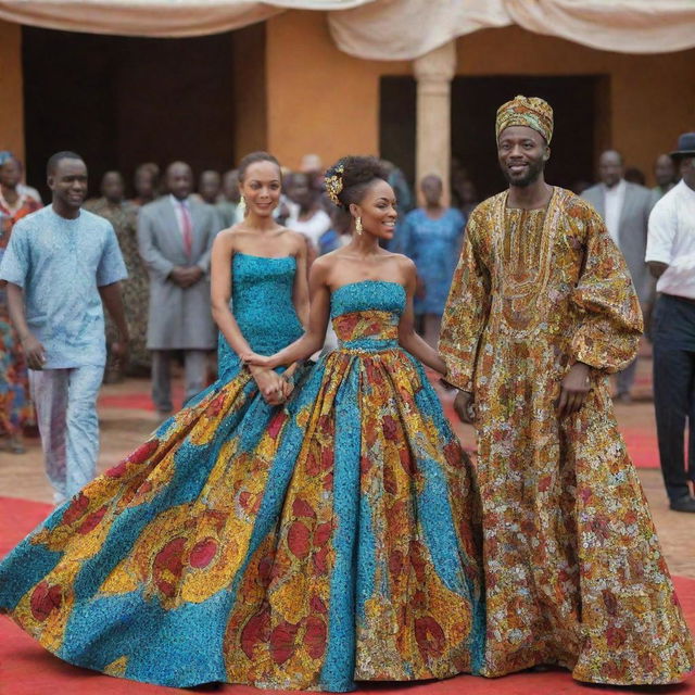 Create an AI-animated image sequence, showing Amina in a gown crafted from vibrant African fabrics catching the eye of Prince Kofi during a grand festival.