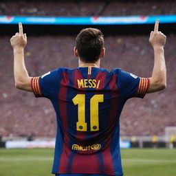 A lifelike portrait of the football player Lionel Messi in his Barcelona jersey, with a stadium filled with cheering fans in the background.