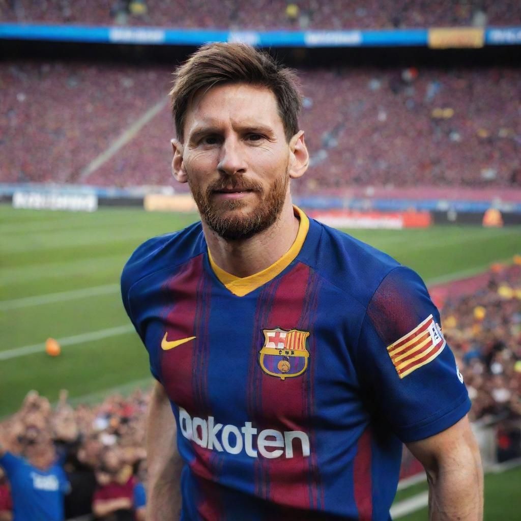 A lifelike portrait of the football player Lionel Messi in his Barcelona jersey, with a stadium filled with cheering fans in the background.