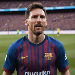 A lifelike portrait of the football player Lionel Messi in his Barcelona jersey, with a stadium filled with cheering fans in the background.