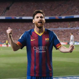 A lifelike portrait of the football player Lionel Messi in his Barcelona jersey, with a stadium filled with cheering fans in the background.