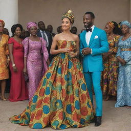 Generate an AI-animated image capturing a sequence where Amina, wearing a gown crafted from vibrant African fabrics, catches Prince Kofi's eye during a grand festival.