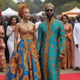 Generate an AI-animated image capturing a sequence where Amina, wearing a gown crafted from vibrant African fabrics, catches Prince Kofi's eye during a grand festival.