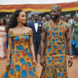 Generate an AI-animated image capturing a sequence where Amina, wearing a gown crafted from vibrant African fabrics, catches Prince Kofi's eye during a grand festival.