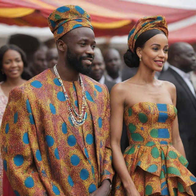 Generate an AI-animated image capturing a sequence where Amina, wearing a gown crafted from vibrant African fabrics, catches Prince Kofi's eye during a grand festival.