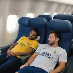 An image of football players Lionel Messi and Neymar sleeping peacefully on the plane after a tough match, with seats and windows visible in the background.