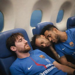 An image of football players Lionel Messi and Neymar sleeping peacefully on the plane after a tough match, with seats and windows visible in the background.