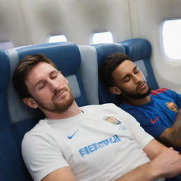 An image of football players Lionel Messi and Neymar sleeping peacefully on the plane after a tough match, with seats and windows visible in the background.