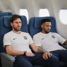 An image of football players Lionel Messi and Neymar sleeping peacefully on the plane after a tough match, with seats and windows visible in the background.