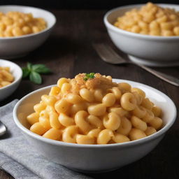 A deliciously tempting bowl of macaroni and cheese, with golden, melted cheese draped over soft, inviting pasta shells, served in a white bowl on a dark rustic table.