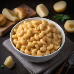 A deliciously tempting bowl of macaroni and cheese, with golden, melted cheese draped over soft, inviting pasta shells, served in a white bowl on a dark rustic table.