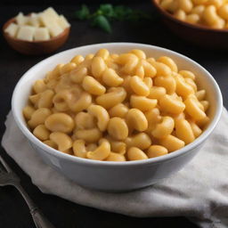 A deliciously tempting bowl of macaroni and cheese, with golden, melted cheese draped over soft, inviting pasta shells, served in a white bowl on a dark rustic table.