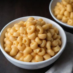 A deliciously tempting bowl of macaroni and cheese, with golden, melted cheese draped over soft, inviting pasta shells, served in a white bowl on a dark rustic table.