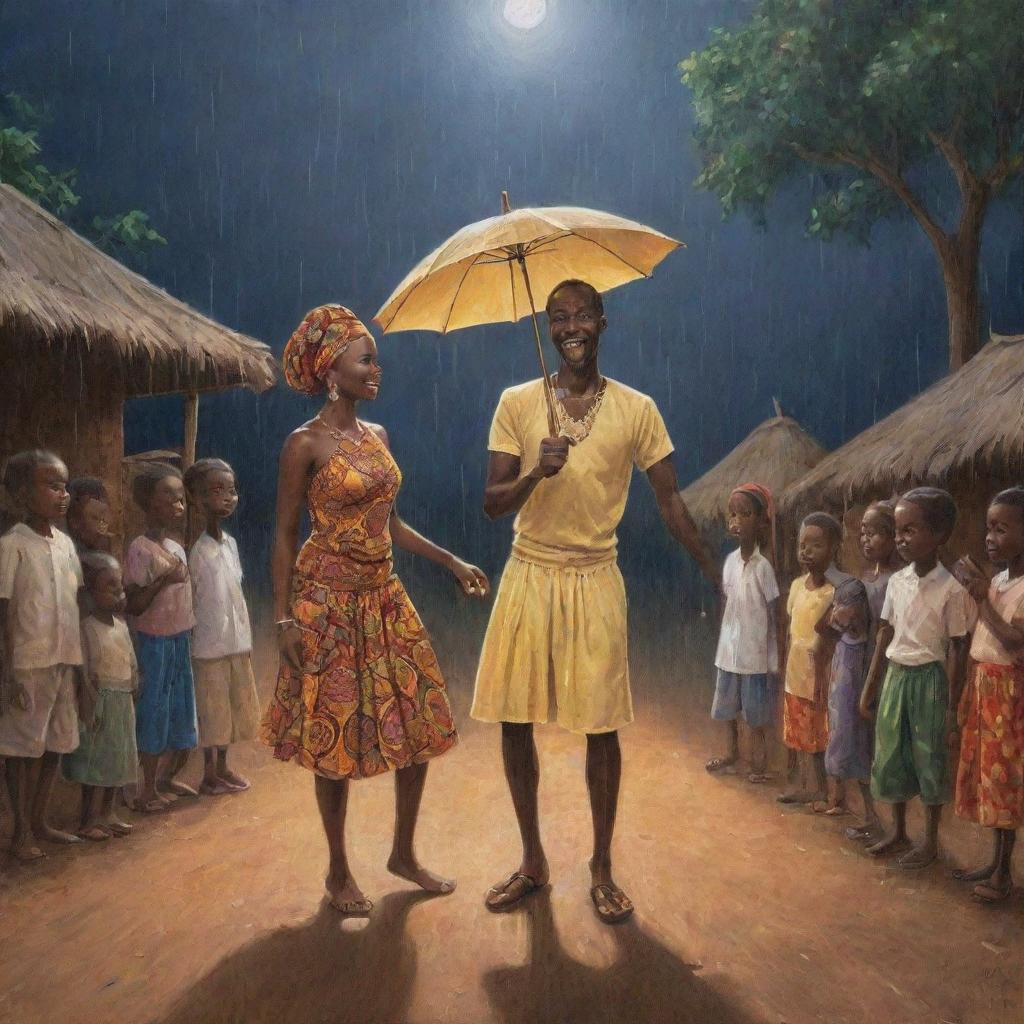 Produce a cartoon depiction of Amina and Prince Kofi guiding the villagers in a heartfelt rain-invoking ceremony under a moonlit sky, detailing the scenes of dancing, drums, with spirits of rain coming to life.