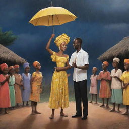 Produce a cartoon depiction of Amina and Prince Kofi guiding the villagers in a heartfelt rain-invoking ceremony under a moonlit sky, detailing the scenes of dancing, drums, with spirits of rain coming to life.