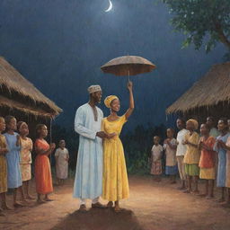 Produce a cartoon depiction of Amina and Prince Kofi guiding the villagers in a heartfelt rain-invoking ceremony under a moonlit sky, detailing the scenes of dancing, drums, with spirits of rain coming to life.