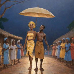 Produce a cartoon depiction of Amina and Prince Kofi guiding the villagers in a heartfelt rain-invoking ceremony under a moonlit sky, detailing the scenes of dancing, drums, with spirits of rain coming to life.