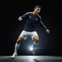 A dynamic action shot of Cristiano Ronaldo joyfully executing a dance move, spotlight shining on him against a dark background.