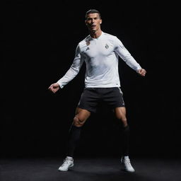 A dynamic action shot of Cristiano Ronaldo joyfully executing a dance move, spotlight shining on him against a dark background.