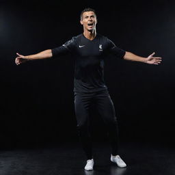 A dynamic action shot of Cristiano Ronaldo joyfully executing a dance move, spotlight shining on him against a dark background.