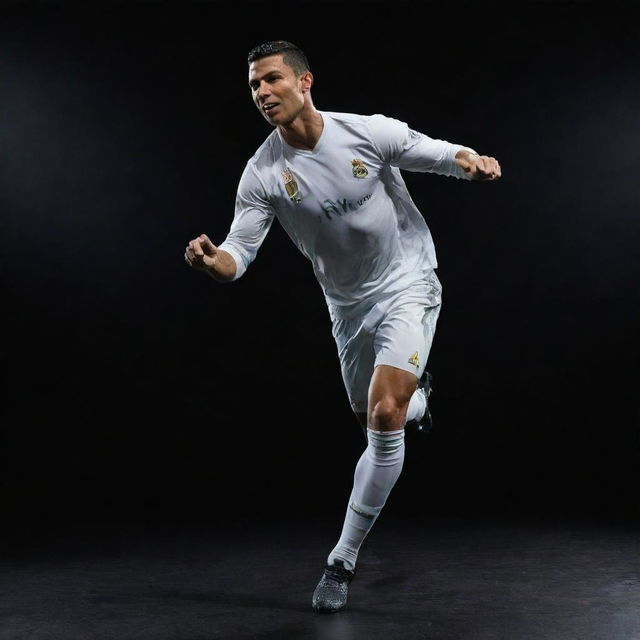 A dynamic action shot of Cristiano Ronaldo joyfully executing a dance move, spotlight shining on him against a dark background.