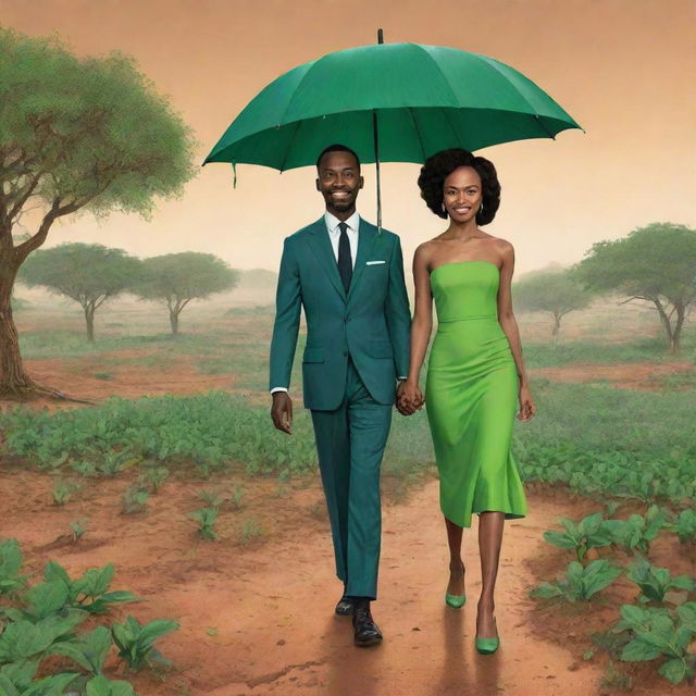 Illustrate a cartoon transformation of the dry, parched land morphing into a lush, green landscape as the rain descends, marking the end of the drought. Feature Amina and Prince Kofi as the focal point of the ensuing celebration.