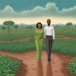 Illustrate a cartoon transformation of the dry, parched land morphing into a lush, green landscape as the rain descends, marking the end of the drought. Feature Amina and Prince Kofi as the focal point of the ensuing celebration.