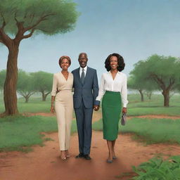 Illustrate a cartoon transformation of the dry, parched land morphing into a lush, green landscape as the rain descends, marking the end of the drought. Feature Amina and Prince Kofi as the focal point of the ensuing celebration.