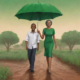 Illustrate a cartoon transformation of the dry, parched land morphing into a lush, green landscape as the rain descends, marking the end of the drought. Feature Amina and Prince Kofi as the focal point of the ensuing celebration.