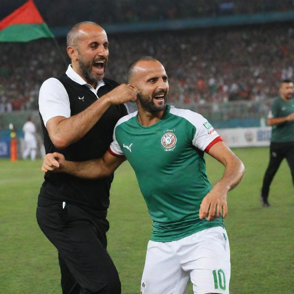 A joyful image of Djamel Belmadi, coach of the Algerian national team, dancing with player Riyad Mahrez after a victorious match, with the Algerian flag in the background.