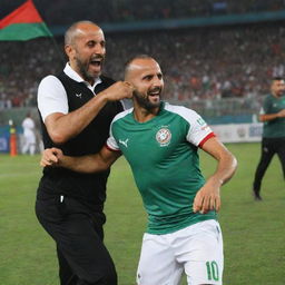 A joyful image of Djamel Belmadi, coach of the Algerian national team, dancing with player Riyad Mahrez after a victorious match, with the Algerian flag in the background.