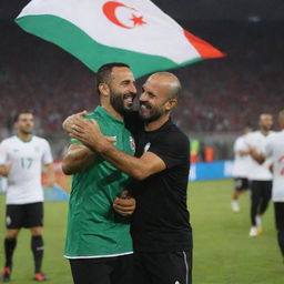 A joyful image of Djamel Belmadi, coach of the Algerian national team, dancing with player Riyad Mahrez after a victorious match, with the Algerian flag in the background.