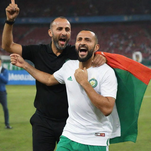 A joyful image of Djamel Belmadi, coach of the Algerian national team, dancing with player Riyad Mahrez after a victorious match, with the Algerian flag in the background.