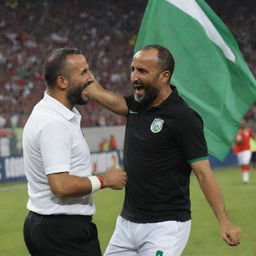 A joyful image of Djamel Belmadi, coach of the Algerian national team, dancing with player Riyad Mahrez after a victorious match, with the Algerian flag in the background.