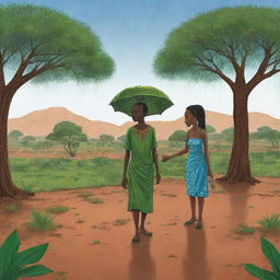 Animate an African themed cartoon embodying the transformation of dry, parched land into a lush, green landscape as the rain descends. This scene symbolizes the end of the drought, centered around Amina and Prince Kofi's celebration.