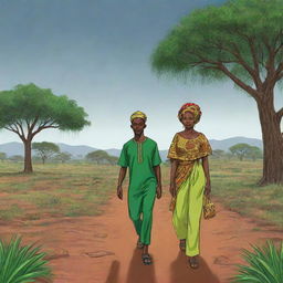 Animate an African themed cartoon embodying the transformation of dry, parched land into a lush, green landscape as the rain descends. This scene symbolizes the end of the drought, centered around Amina and Prince Kofi's celebration.