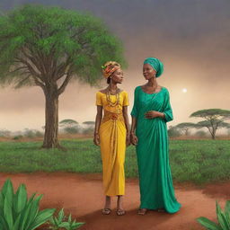 Animate an African themed cartoon embodying the transformation of dry, parched land into a lush, green landscape as the rain descends. This scene symbolizes the end of the drought, centered around Amina and Prince Kofi's celebration.