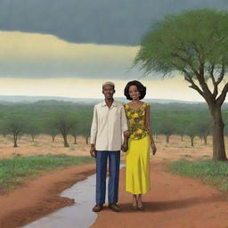 Animate an African themed cartoon embodying the transformation of dry, parched land into a lush, green landscape as the rain descends. This scene symbolizes the end of the drought, centered around Amina and Prince Kofi's celebration.