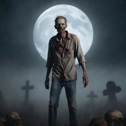 A chilling illustration of a zombie with rotting flesh, blank eyes, and tattered clothes, emerging from a foggy graveyard under a full moon.