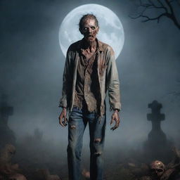 A chilling illustration of a zombie with rotting flesh, blank eyes, and tattered clothes, emerging from a foggy graveyard under a full moon.