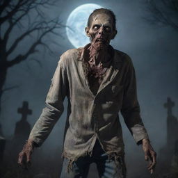 A chilling illustration of a zombie with rotting flesh, blank eyes, and tattered clothes, emerging from a foggy graveyard under a full moon.